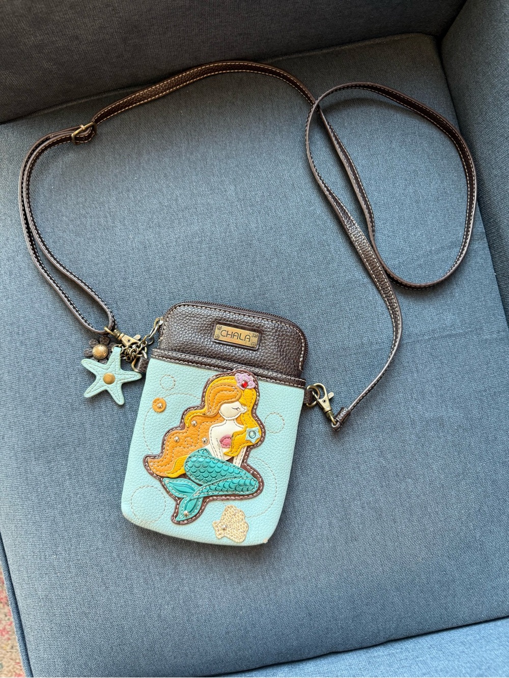 Chala Teal Mermaid Crossbody Bag with Brown Trim